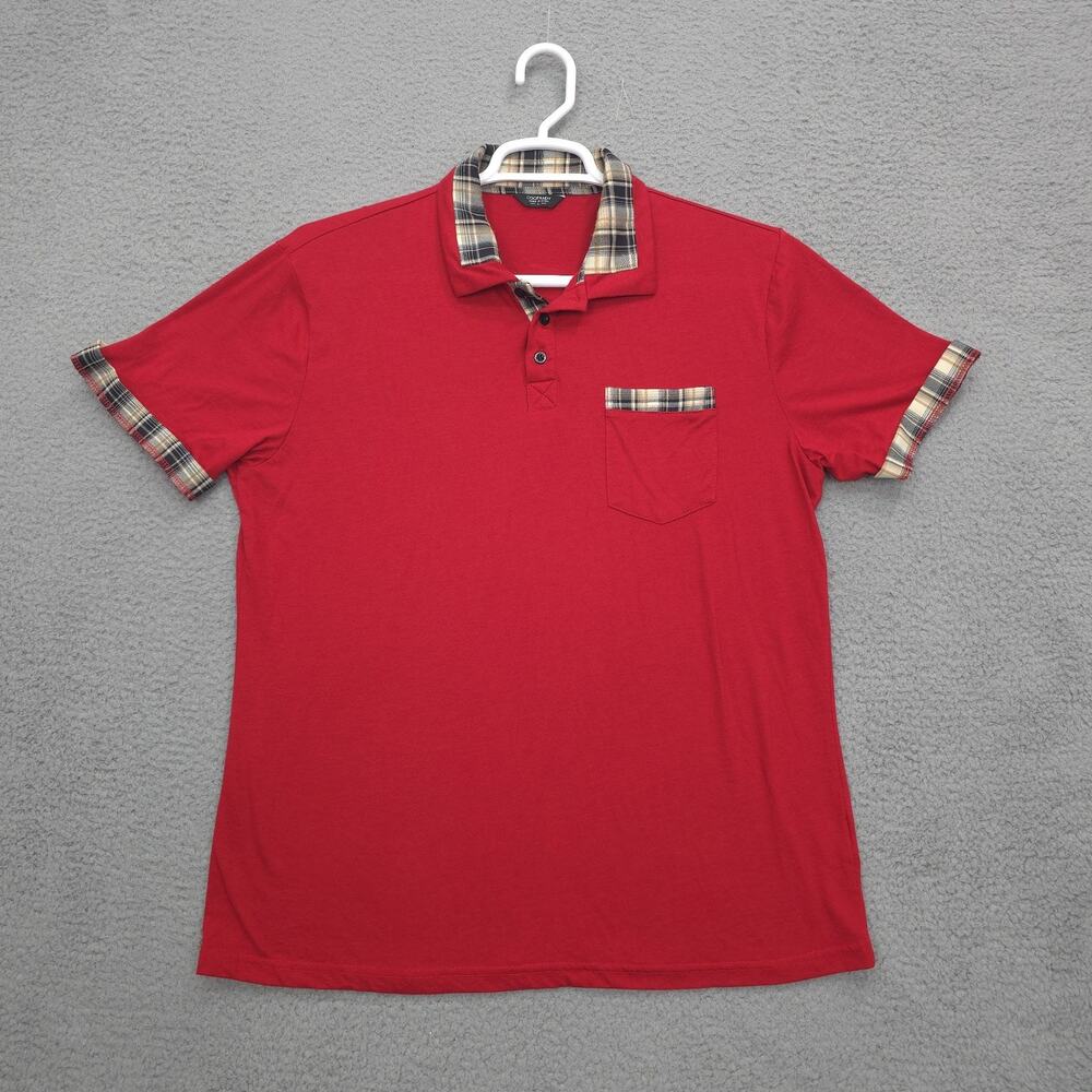 Coofandy Polo Shirt Mens Large Red Plaid Collar And Cuffs Short Sleeve Button Up